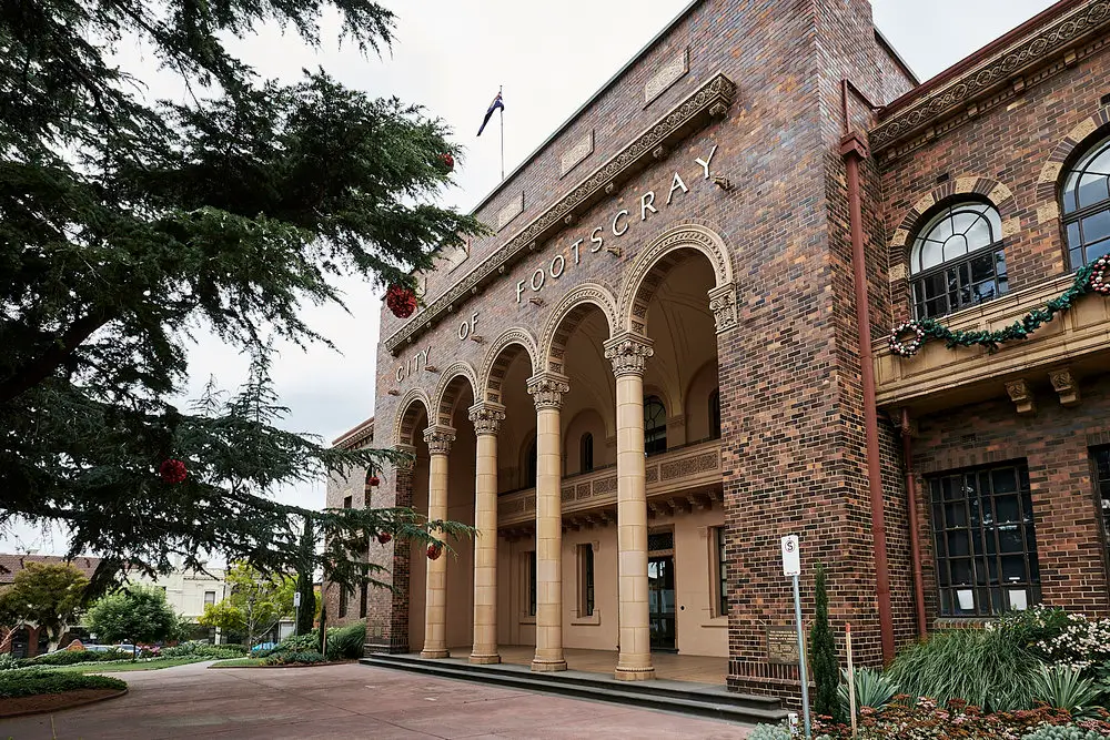 Tasmania Restoration heritage project restoring the City of Footscray building with classical columns and brickwork
