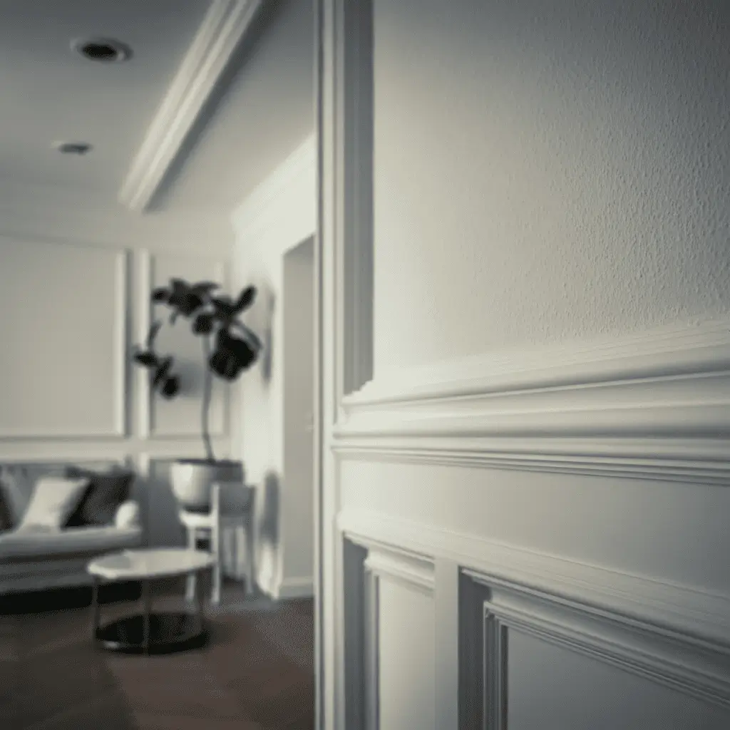 Close-up of professionally painted interior wall with decorative trim.