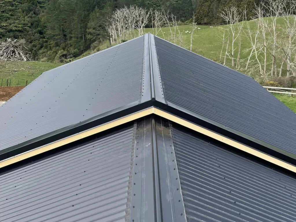 Close-up of completed long run metal roofing on a rural Australian property