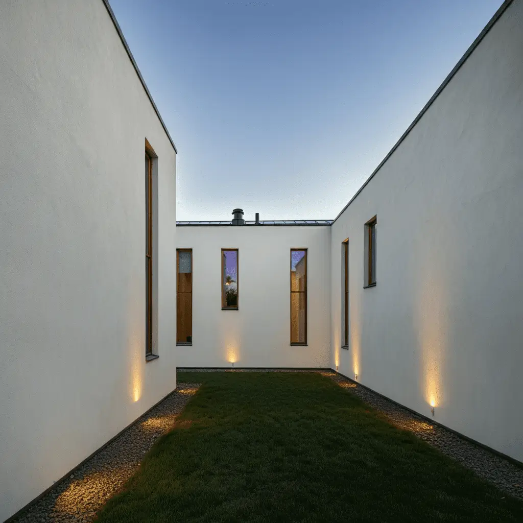 Modern courtyard with smooth rendered exterior walls and evening lighting.
