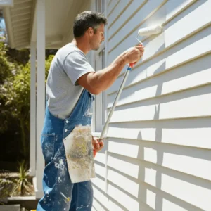 Professional painter applying exterior wall paint with a roller.
