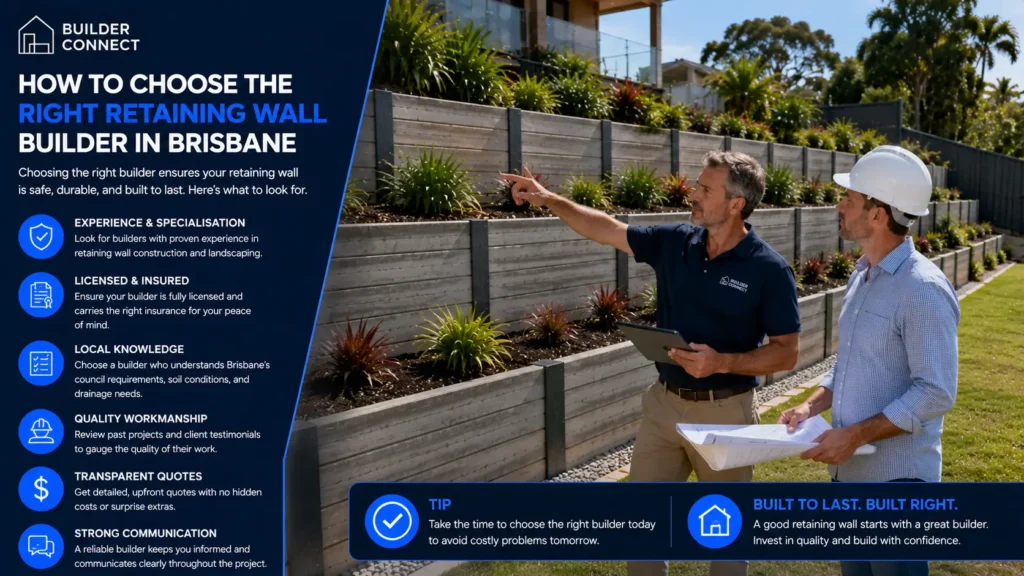 Professional retaining-wall builder inspecting a completed retaining-wall installation in Brisbane