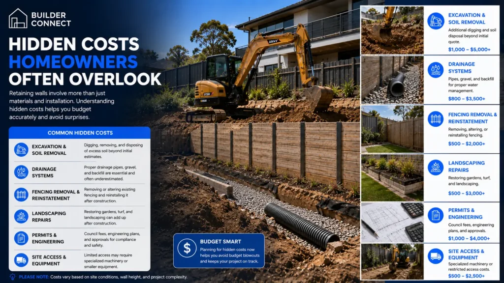 Hidden retaining-wall construction costs including excavation, drainage, and landscaping repairs