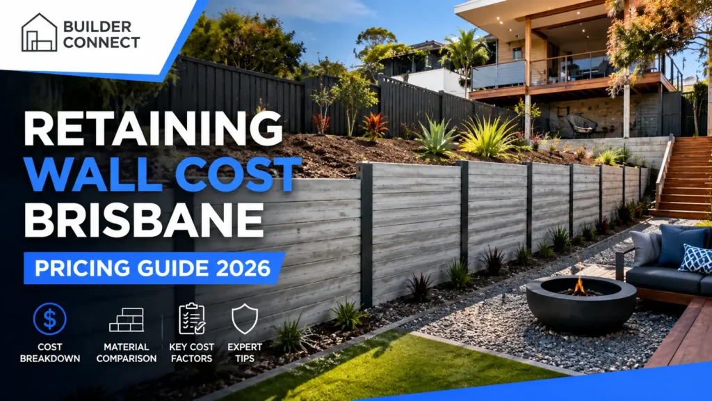 Modern concrete sleeper retaining wall on a landscaped Brisbane property showing retaining-wall construction and pricing guide