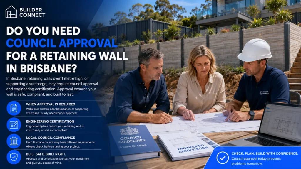 Homeowner and contractor reviewing retaining-wall council approval and engineering plans in Brisbane