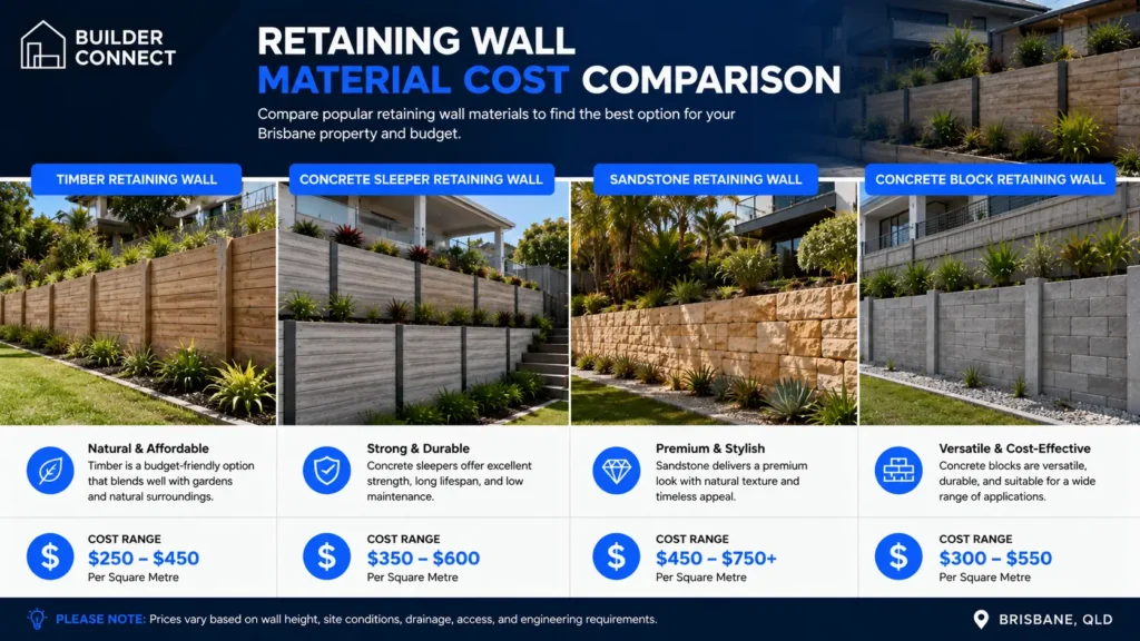 Comparison of timber, concrete sleeper, sandstone, and concrete block retaining walls in Brisbane